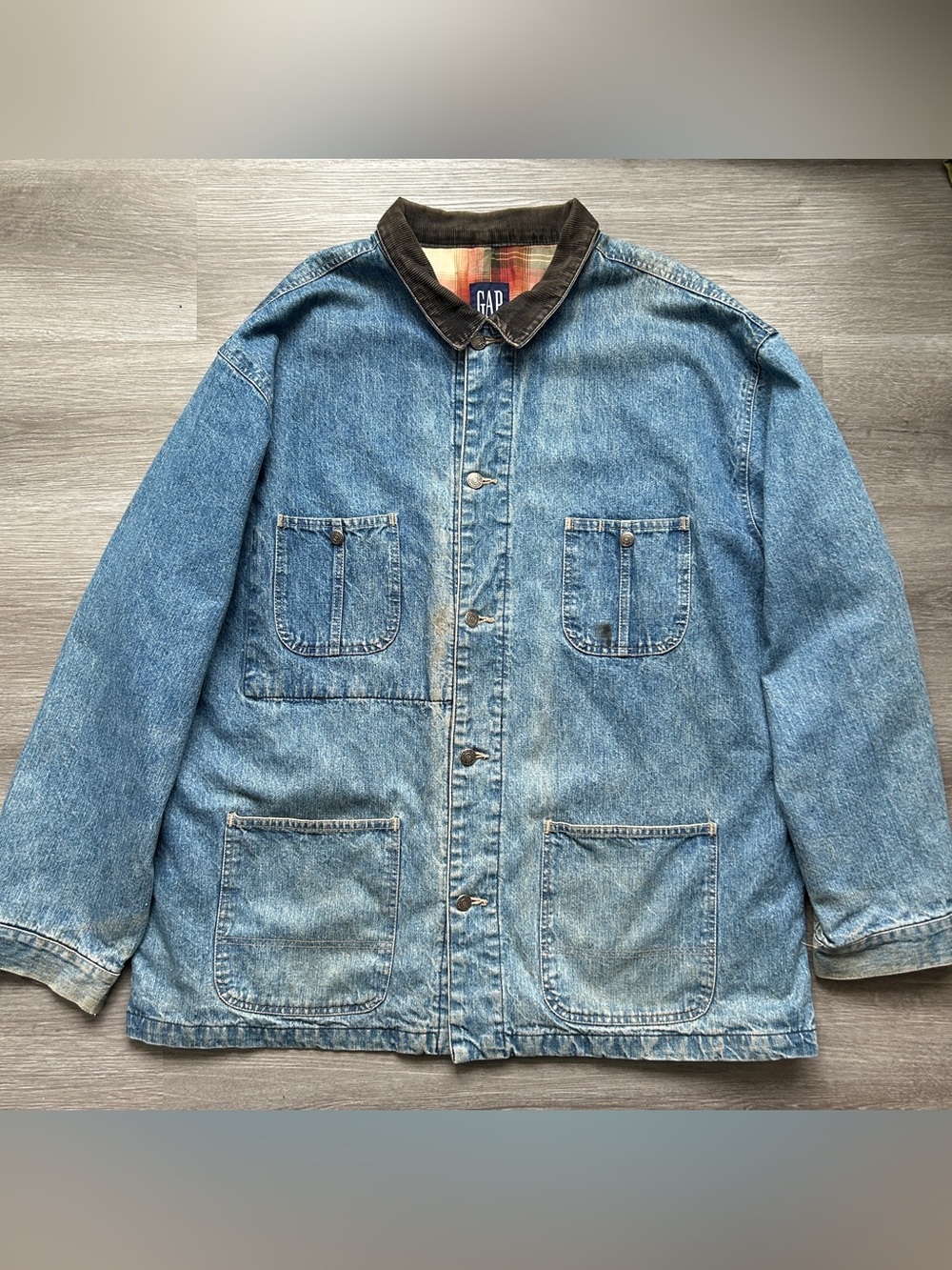 Vintage Gap Denim Chore Coat Plaid Lined Distressed Workwear Jacket Men’s XL